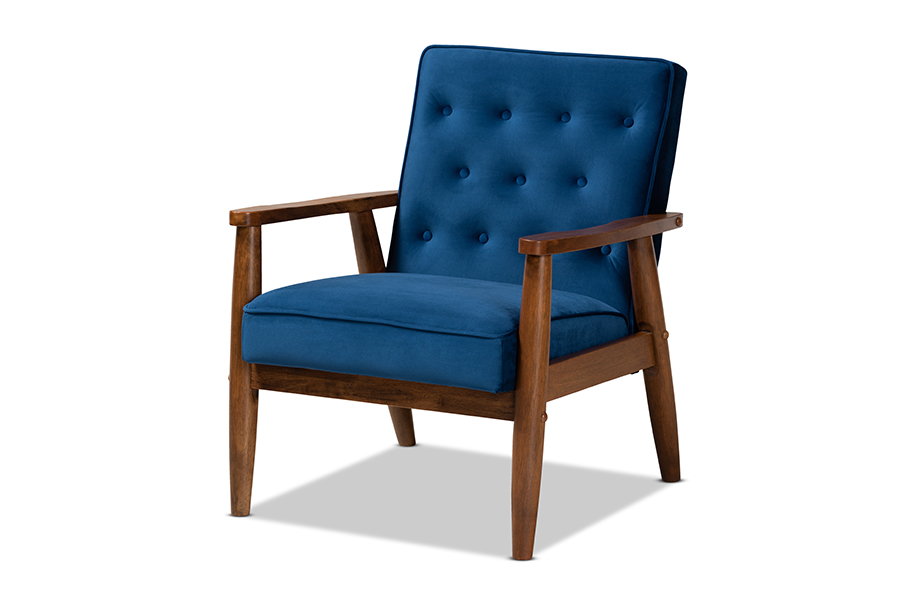 BBT8013-Navy Velvet-Walnut-CC Sorrento Mid-century Modern Navy Blue Velvet Fabric Upholstered Walnut Finished Wooden Lounge Chair -  Baxton Studio, 193271051557