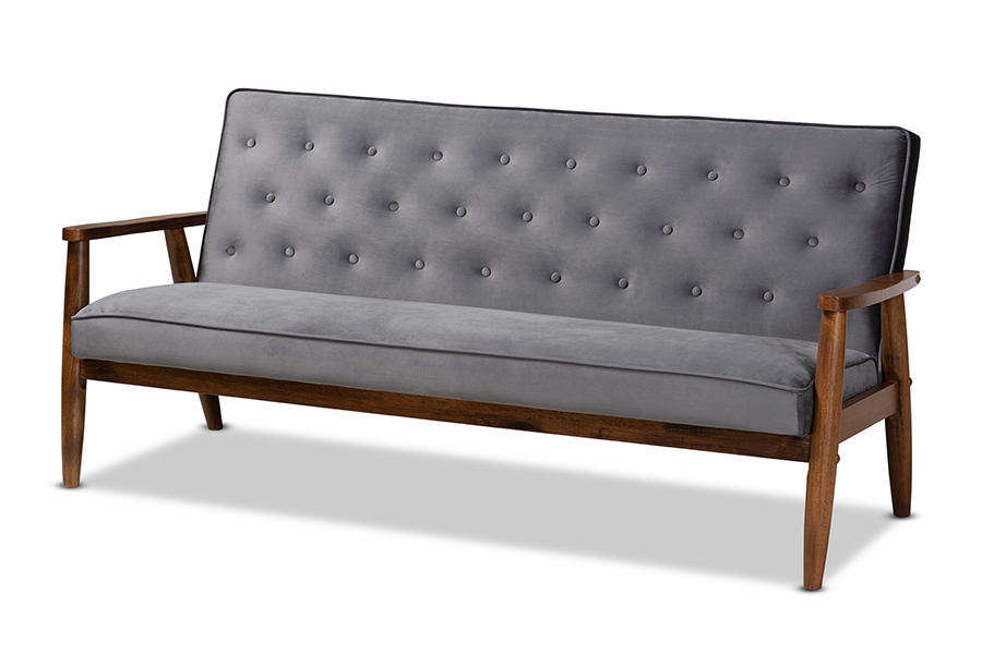 BBT8013-Grey Velvet-Walnut-SF Sorrento Mid-century Modern Grey Velvet Fabric Upholstered Walnut Finished Wooden 3-seater Sofa -  Baxton Studio, 193271051564