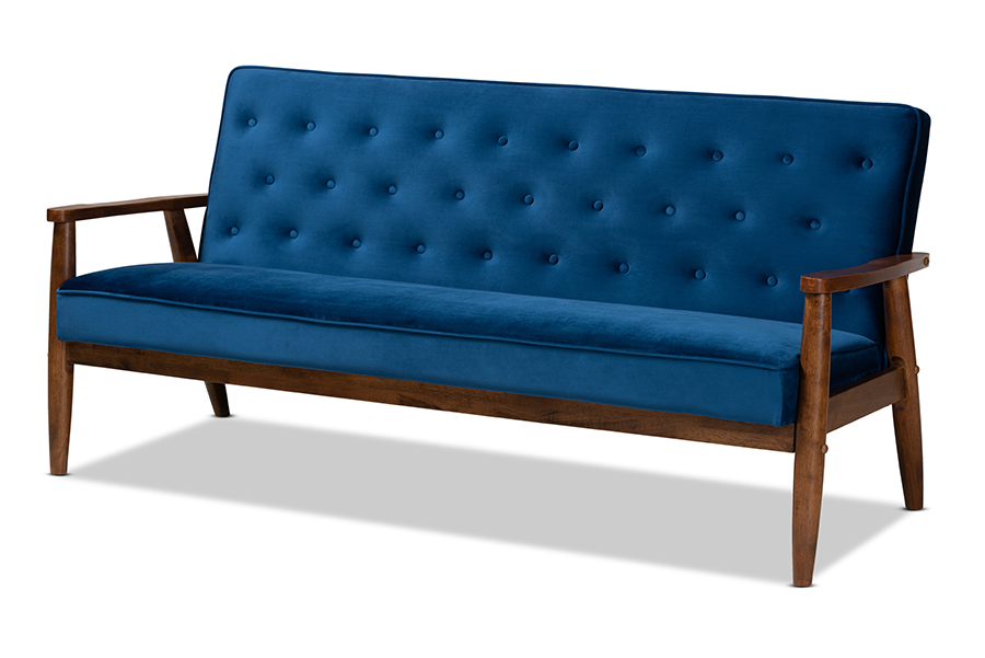 Picture of Baxton Studio BBT8013-Navy Velvet-Walnut-SF Sorrento Mid-century Modern Navy Blue Velvet Fabric Upholstered Walnut Finished Wooden 3-seater Sofa