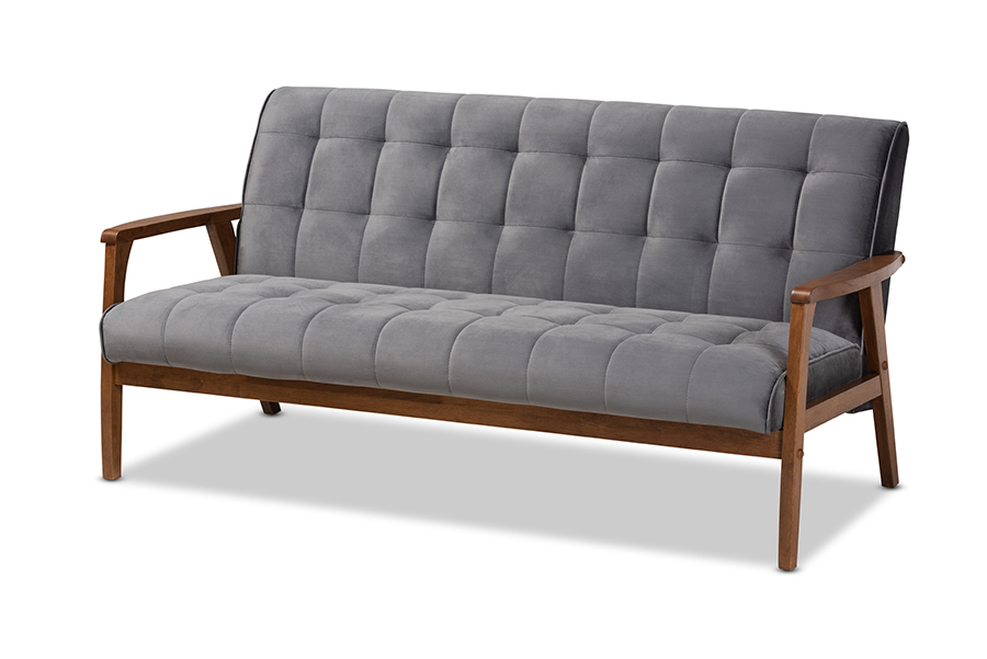 Picture of Baxton Studio TOGO-Grey Velvet-Walnut-SF Asta Mid-Century Modern Grey Velvet Fabric Upholstered Walnut Finished Wood Sofa