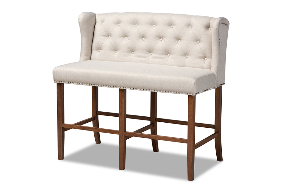 BBT5349-Beige-Walnut-Bench Alira Modern & Contemporary Beige Fabric Upholstered Walnut Finished Wood Button Tufted Bar Stool Bench