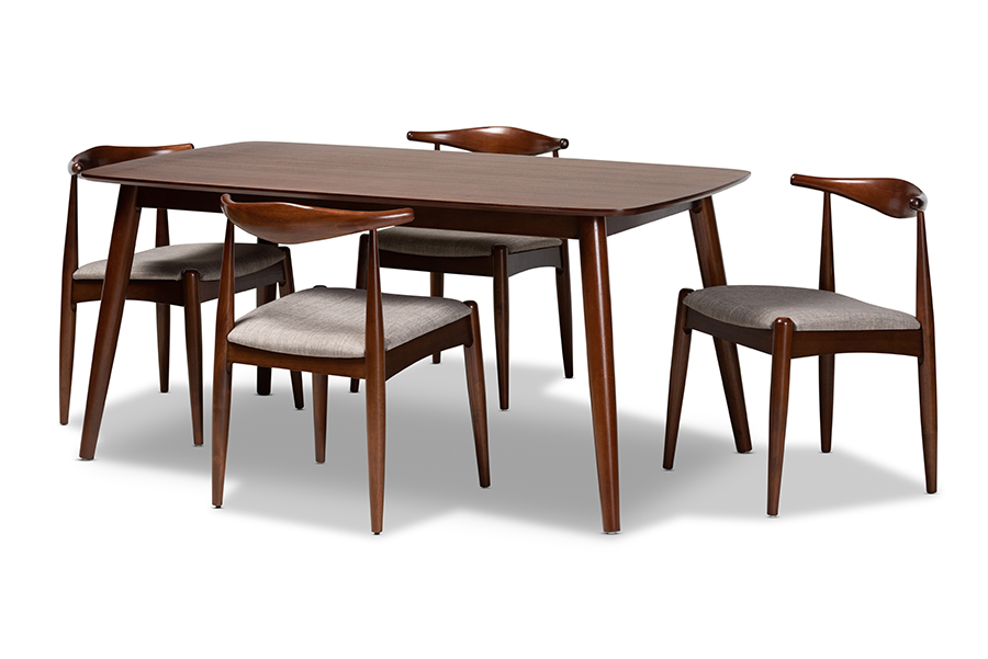 Aeron-Light Grey-Walnut-5PC Dining Set Aeron Mid-Century Modern Light Gray Fabric Upholstered Walnut Finished Wood Dining Set - 5 Piece