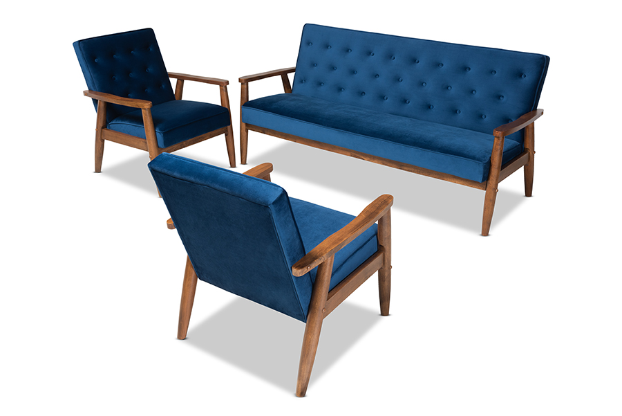 BBT8013-Navy Velvet-Walnut-3PC Set Sorrento Mid-century Modern Navy Blue Velvet Fabric Upholstered Walnut Finished Wooden Living Room Set - 3 Piece