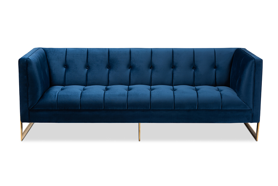 Picture of Baxton Studio TSF-5507-Navy-Gold-SF Ambra Glam & Luxe Navy Blue Velvet Fabric Upholstered & Button Tufted Gold Sofa with Gold-Tone Frame