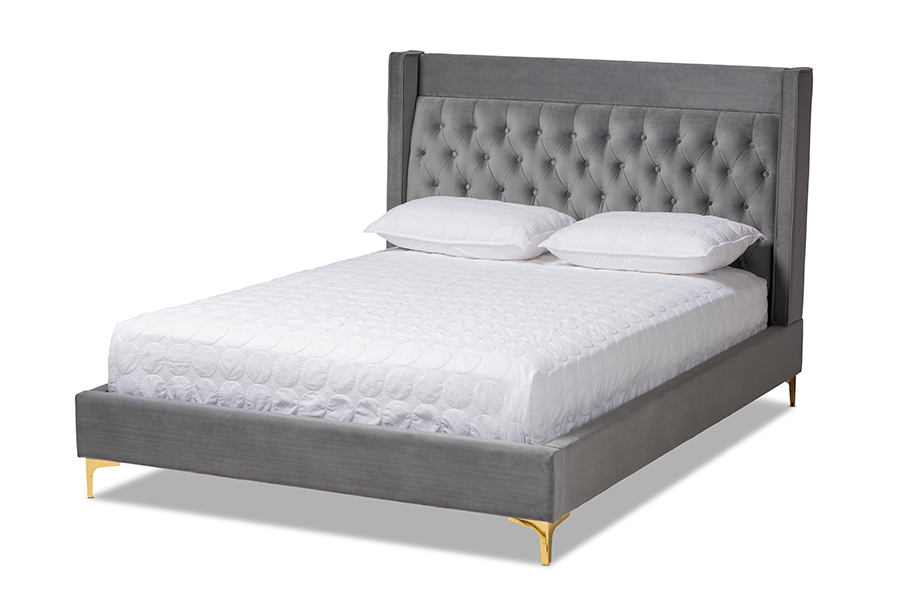 BBT6740-Dark Grey-Queen Valery Modern & Contemporary Dark Gray Velvet Fabric Upholstered Platform Bed with Gold-Finished Legs - Queen Size