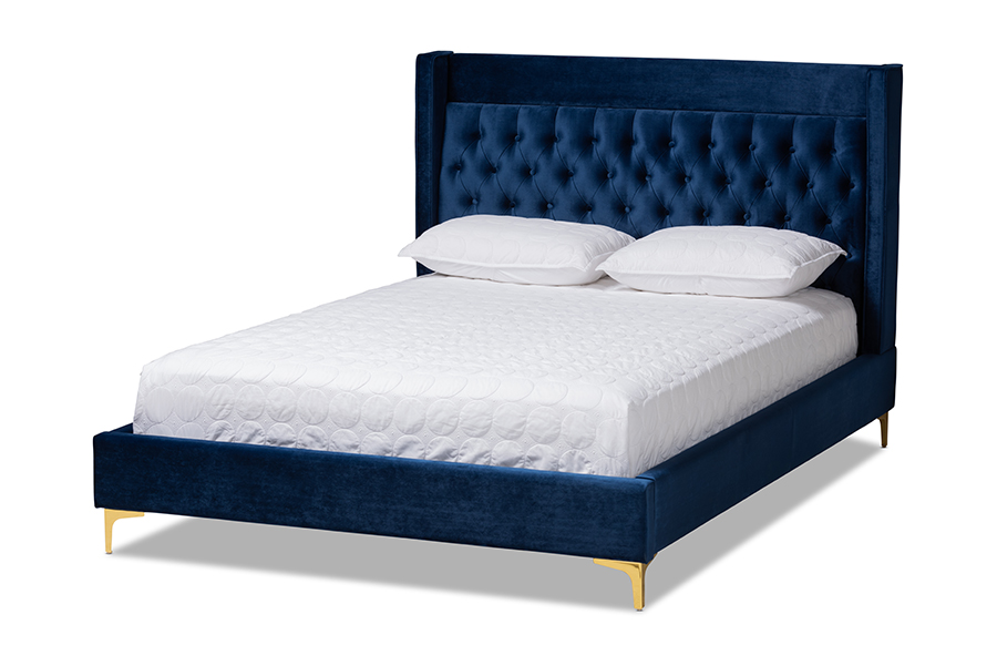 Picture of Baxton Studio BBT6740-Navy Blue-King Valery Modern & Contemporary Navy Blue Velvet Fabric Upholstered Platform Bed with Gold-Finished Legs - King Size