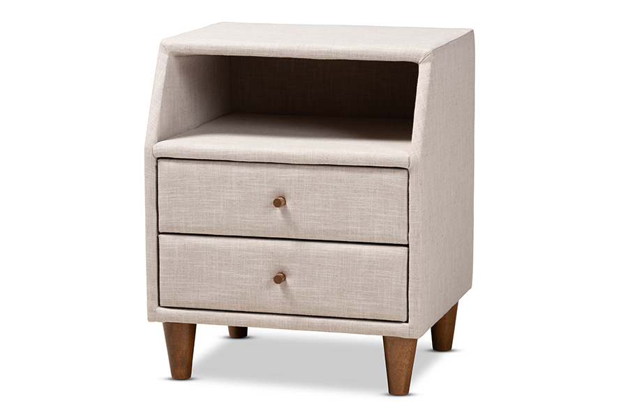 Picture of Baxton Studio BBT3157-Beige-NS Claverie Mid-Century Modern Beige Fabric Upholstered 2-Drawer Wood Nightstand