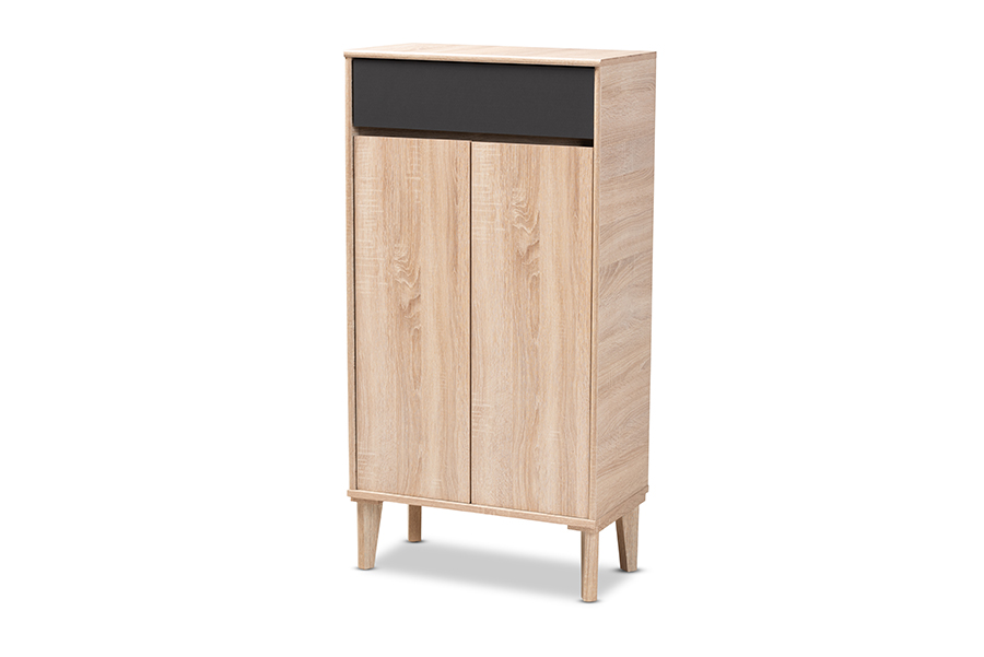 Picture of Baxton Studio SESC7007-Dark Grey-Hana Oak-Shoe Cabinet Fella Mid-Century Modern Two-Tone Oak Brown & Dark Gray Entryway Shoe Cabinet with Drawer