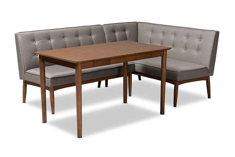 BBT8051-Grey-Walnut-3PC Dining Nook Set Arvid Mid-Century Modern Gray Fabric Upholstered Wood Dining Nook Set - 3 Piece -  Baxton Studio, 842507198749