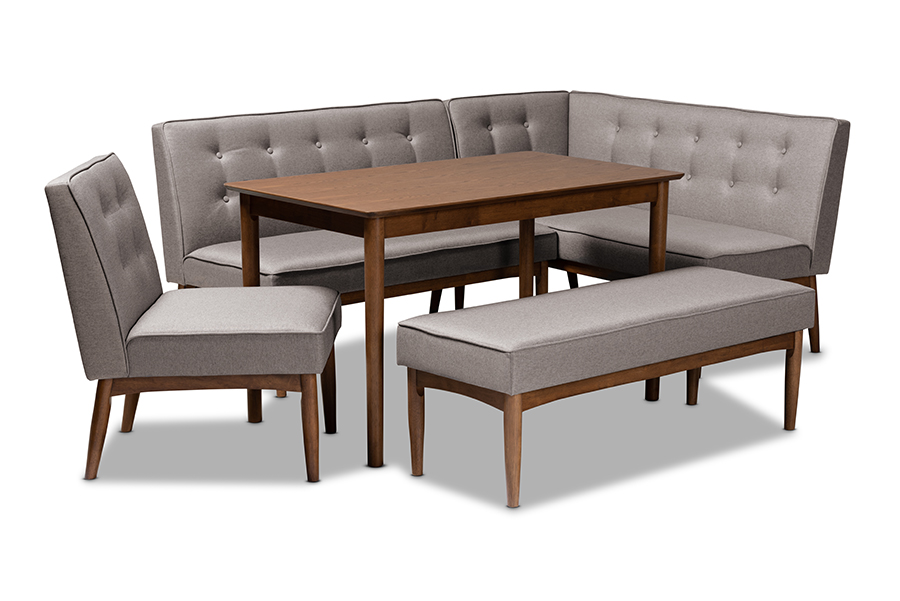 BBT8051-Grey-Walnut-5PC Dining Nook Set Arvid Mid-Century Modern Gray Fabric Upholstered Wood Dining Nook Set - 5 Piece