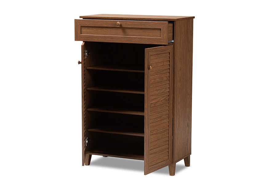 Picture of Baxton Studio FP-03LV-Walnut Coolidge Modern & Contemporary Walnut Finished 5-Shelf Wood Shoe Storage Cabinet with Drawer