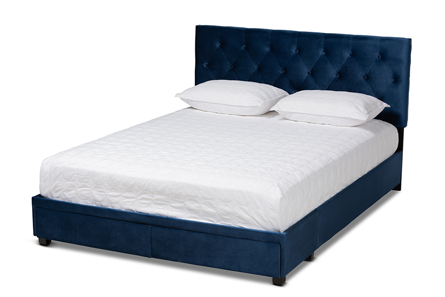 Picture of Baxton Studio Caronia-Navy-Queen Caronia Modern & Contemporary Navy Blue Velvet Fabric Upholstered 2-Drawer Queen Size Platform Storage Bed