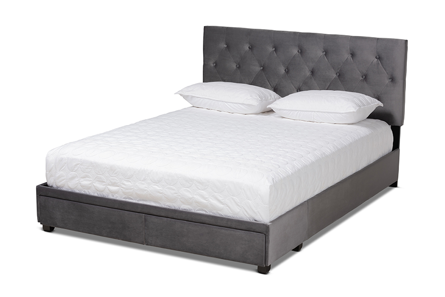 Picture of Baxton Studio Caronia-Grey-Queen Caronia Modern & Contemporary Grey Velvet Fabric Upholstered 2-Drawer Queen Size Platform Storage Bed