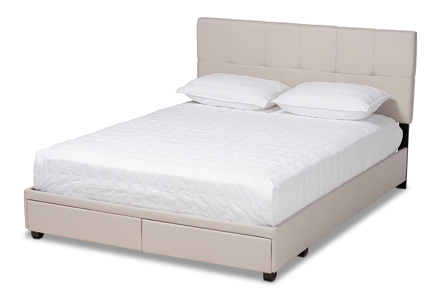 Netti King Size Platform Bed - Beige - 2-Drawer - Modern Upholstered Design