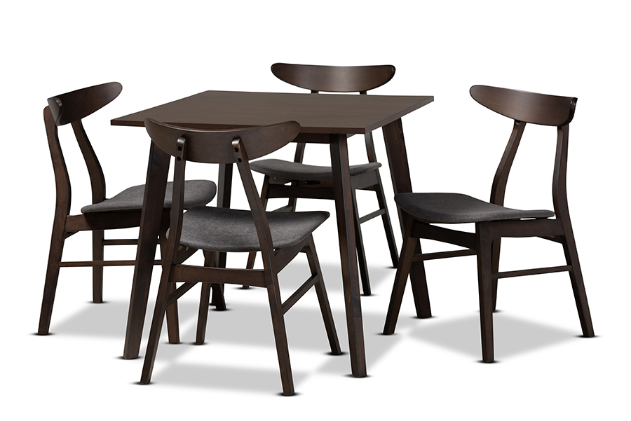 Fiesta-Iron-Coffee Oak-5PC Dining Set Britte Mid-Century Modern Dark Grey Fabric Upholstered Dark Oak Brown Finished 5-Piece Wood Dining Set -  Baxton Studio, 193271082131