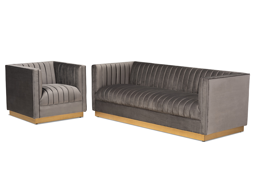 TSF-BAX66113-Grey-Gold-2PC Set Aveline Glam & Luxe Grey Velvet Fabric Upholstered Brushed Gold Finished 2-Piece Living Room Set -  Baxton Studio, 193271107308