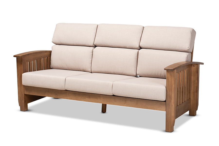 SW3513-Taupe-Walnut-M17-SF Charlotte Modern Classic Mission Style Taupe Fabric Upholstered Walnut Brown Finished Wood 3-Seater Sofa -  Baxton Studio, 193271038190