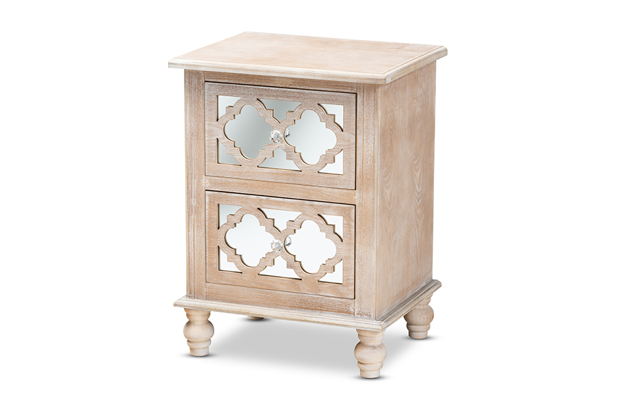 Picture of Baxton Studio JY17A039-Natural Brown-Silver-NS Celia Transitional Rustic French Country White-Washed Wood & Mirror 2-Drawer Quatrefoil Nightstand