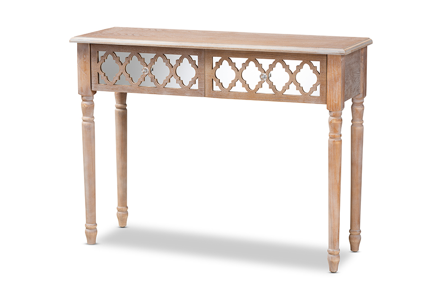 Picture of Baxton Studio JY17A044-Natural Brown-Silver-Console Celia Transitional Rustic French Country White-Washed Wood & Mirror 2-Drawer Quatrefoil Console Table