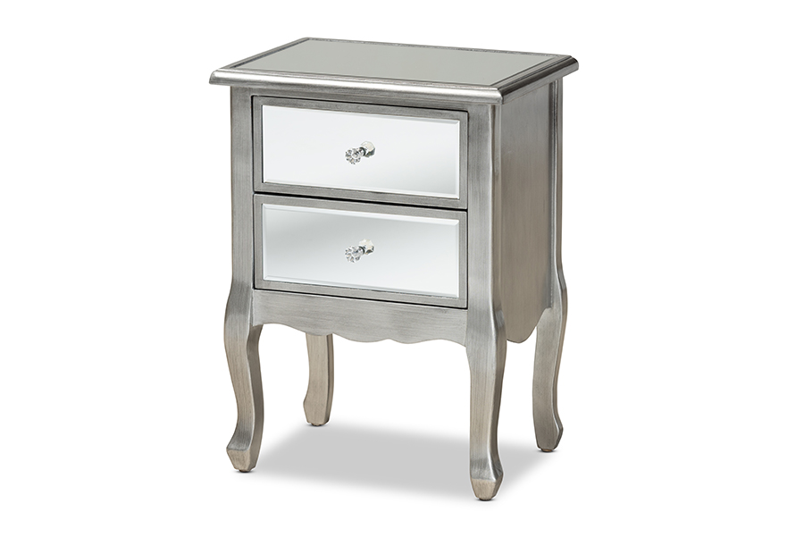 Picture of Baxton Studio JY18A035-Silver-NS Leonie Modern Transitional French Brushed Silver Finished Wood & Mirrored Glass 2-Drawer Nightstand