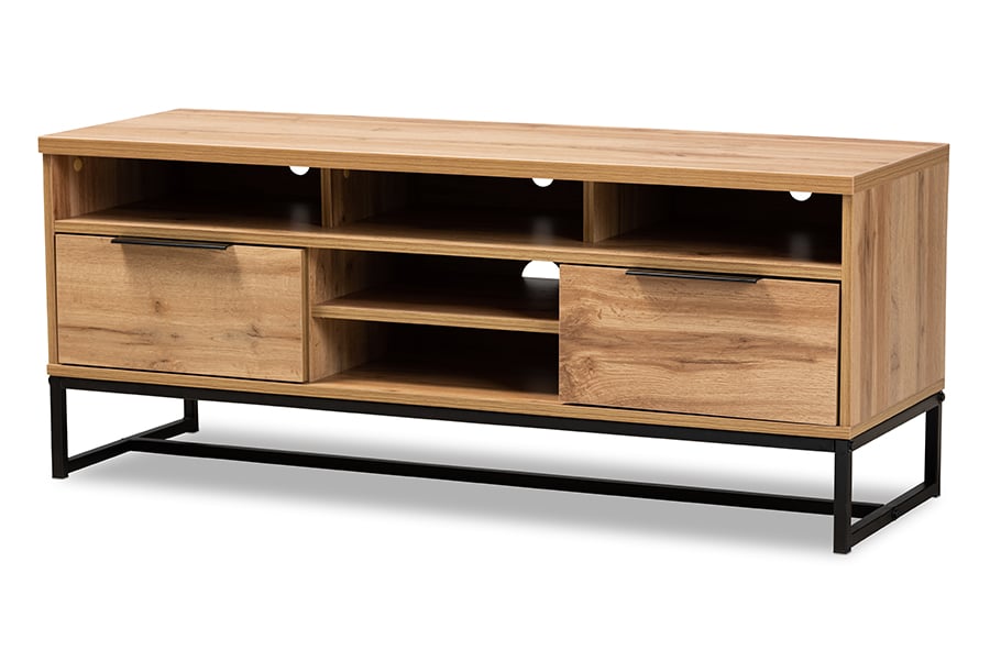 TV8007-Oak-Black-TV Reid Modern & Contemporary Industrial Oak Finished Wood & Black Metal 2-Drawer TV Stand -  Baxton Studio, TV8007-Oak/Black-TV