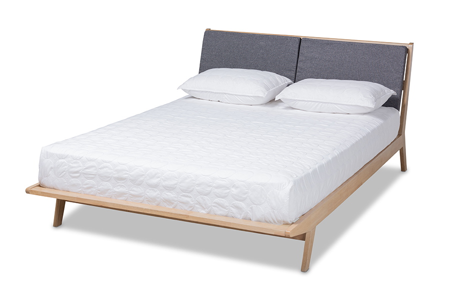 Picture of Baxton Studio AMOUR03-Grey-Oak-Queen Emile Modern & Contemporary Grey Fabric Upholstered Natural Oak Finished Wood Platform Bed - Queen Size