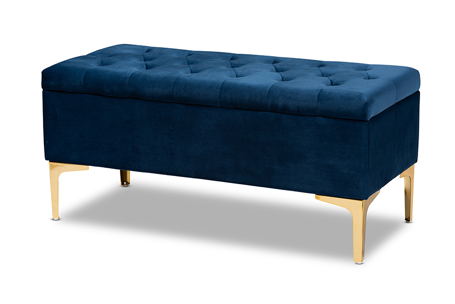 WS-H68-GD-Navy Blue Velvet-Gold-Otto Valere Glam & Luxe Navy Blue Velvet Fabric Upholstered Gold Finished Button Tufted Storage Ottoman -  Baxton Studio, 193271082063