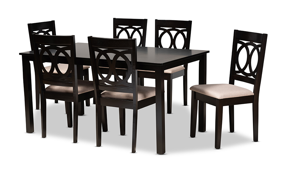 RH315C-Sand-Dark Brown-7PC Dining Set Lenoir Modern & Contemporary Sand Fabric Upholstered Espresso Brown Finished Wood Dining Set - 7 Piece -  Baxton Studio, 193271083138