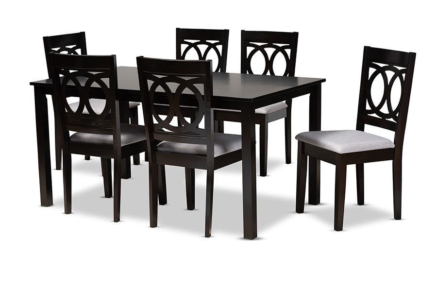 RH315C-Grey-Dark Brown-7PC Dining Set Lenoir Modern & Contemporary Grey Fabric Upholstered Espresso Brown Finished Wood Dining Set - 7 Piece -  Baxton Studio, 193271083145