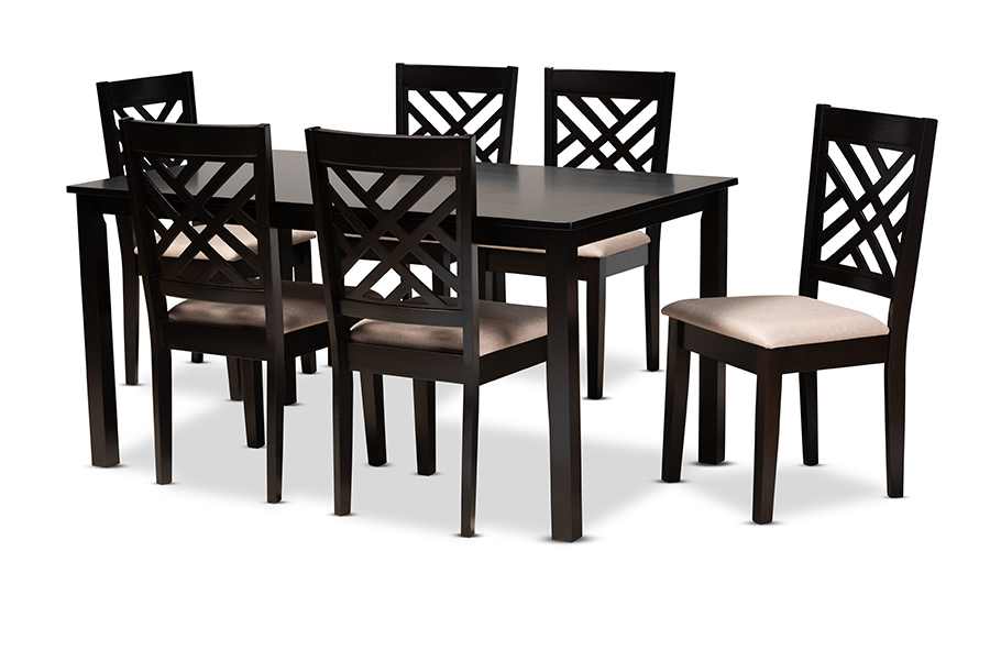 RH317C-Sand-Dark Brown-7PC Dining Set Caron Modern & Contemporary Sand Fabric Upholstered Espresso Brown Finished Wood Dining Set - 7 Piece