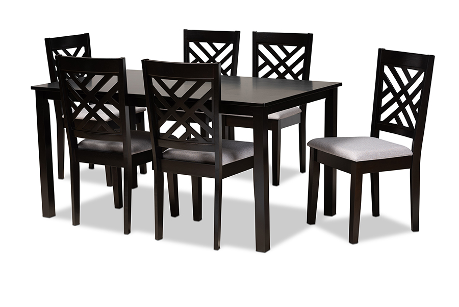 RH317C-Grey-Dark Brown-7PC Dining Set Caron Modern & Contemporary Grey Fabric Upholstered Espresso Brown Finished Wood Dining Set - 7 Piece