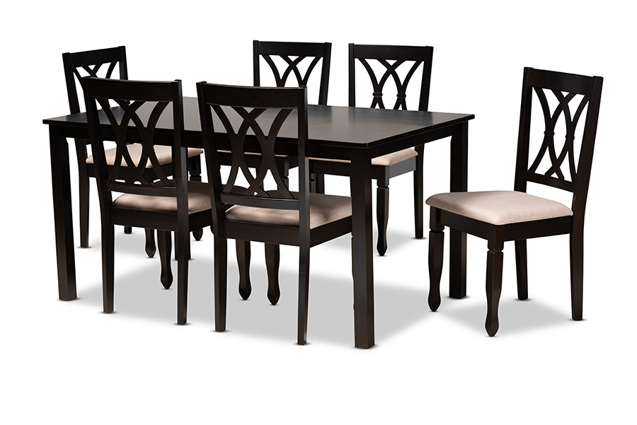 RH316C-Sand-Dark Brown-7PC Dining Set Reneau Modern & Contemporary Sand Fabric Upholstered Espresso Brown Finished Wood Dining Set - 7 Piece