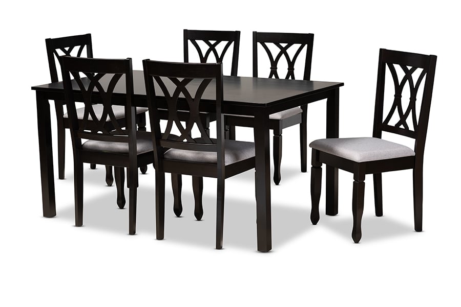 RH316C-Grey-Dark Brown-7PC Dining Set Reneau Modern & Contemporary Grey Fabric Upholstered Espresso Brown Finished Wood Dining Set - 7 Piece -  Baxton Studio, 193271083183