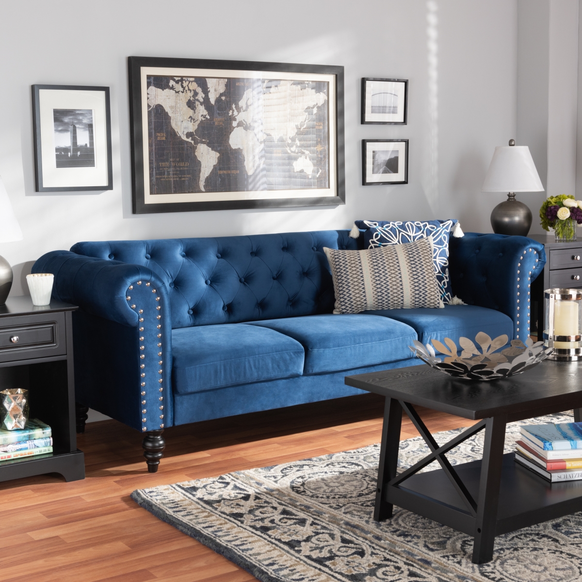 Picture of Baxton Studio Emma-Navy Blue Velvet-SF Emma Traditional & Transitional Fabric Upholstered Button Tufted Chesterfield Sofa&#44; Navy Blue Velvet