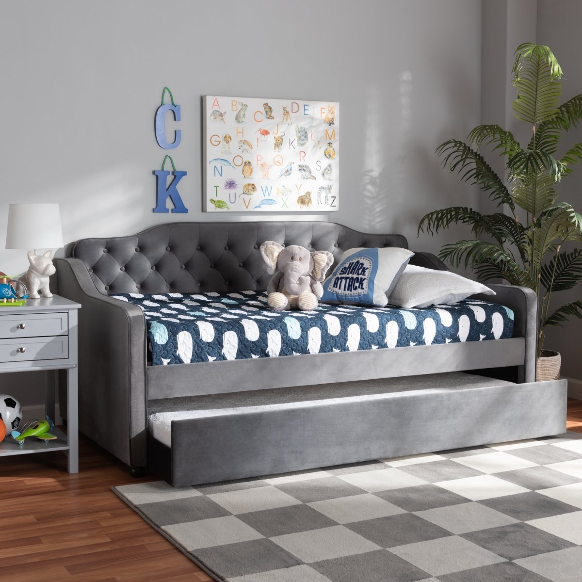 Freda-Grey Velvet-Daybed-T-T Freda Traditional & Transitional Fabric Upholstered Button Tufted Daybed with Trundle, Grey Velvet - Twin Size -  Baxton Studio, BA624796