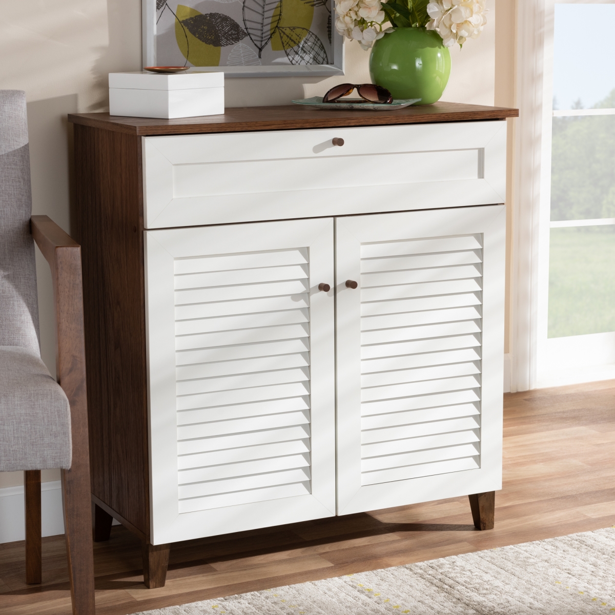 FP-02LV-Walnut-White Coolidge Modern & Contemporary 4-Shelf Wood Shoe Storage Cabinet with Drawer, White & Walnut Brown -  Baxton Studio, 193271077175