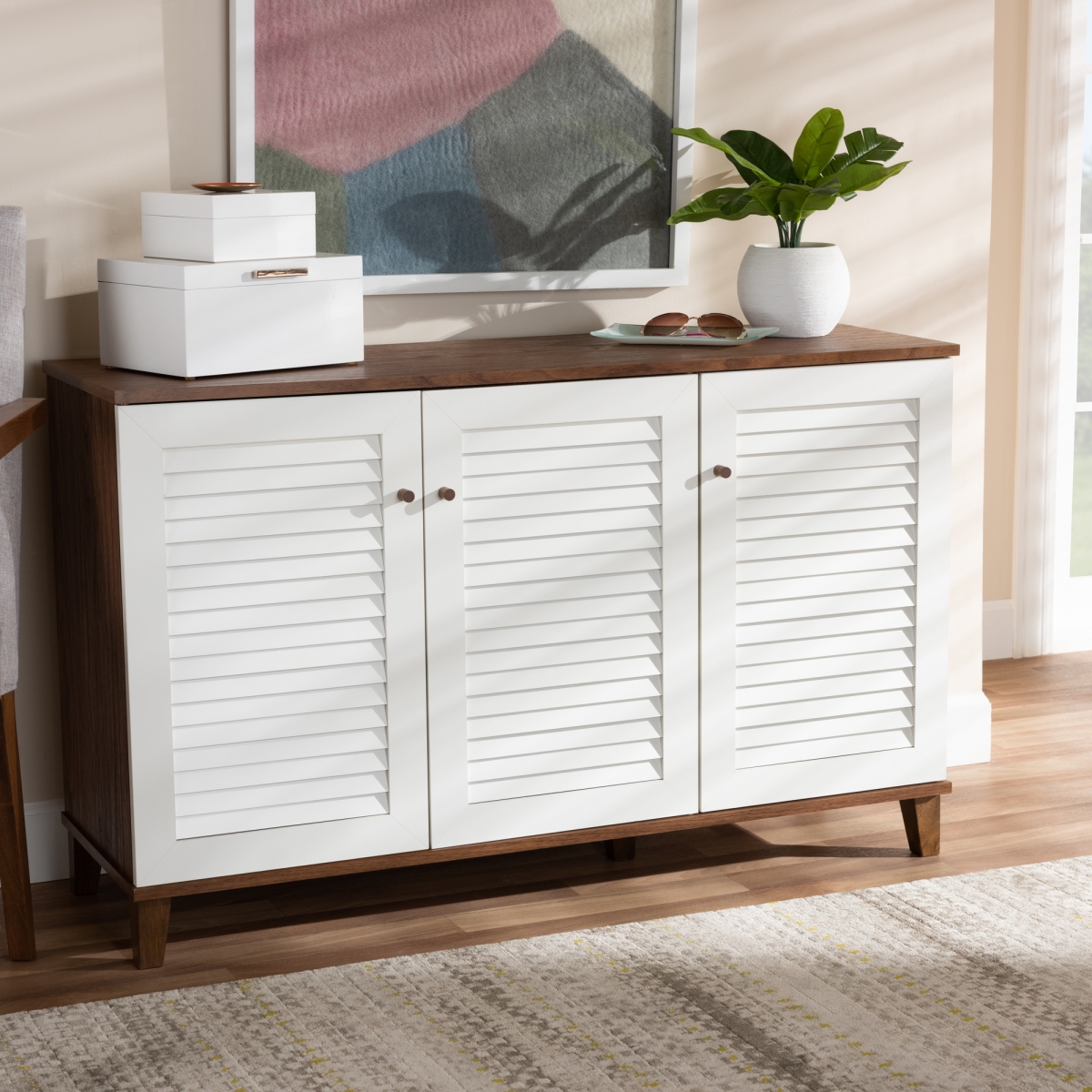 Picture of Baxton Studio FP-04LV-Walnut-White Coolidge Modern & Contemporary 8-Shelf Wood Shoe Storage Cabinet&#44; Walnut