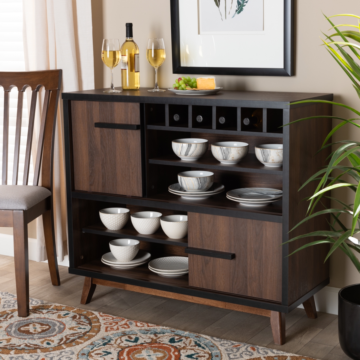 Picture of Baxton Studio RT676-OCC-Walnut-Black-Cabinet Margo Mid-Century Modern Two-Tone Wood Wine Storage Cabinet&#44; Walnut Brown & Black
