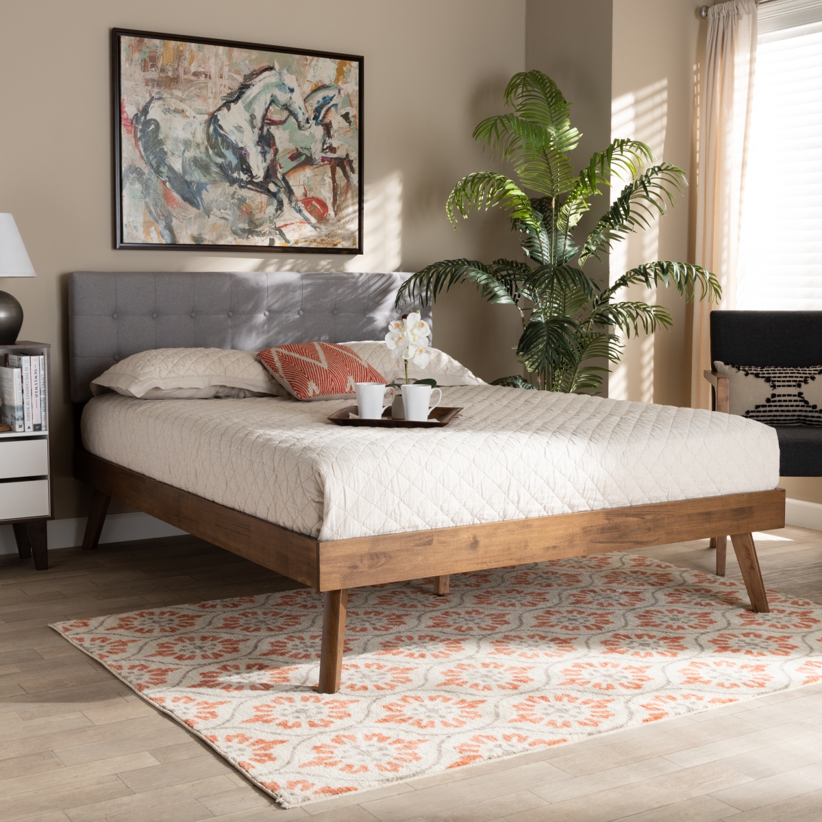 SW8168-Light Grey-Walnut-M17-Full Devan Mid-Century Modern Fabric Upholstered Wood Platform Bed, Light Grey & Walnut Brown - Full Size -  Baxton Studio, 193271082216