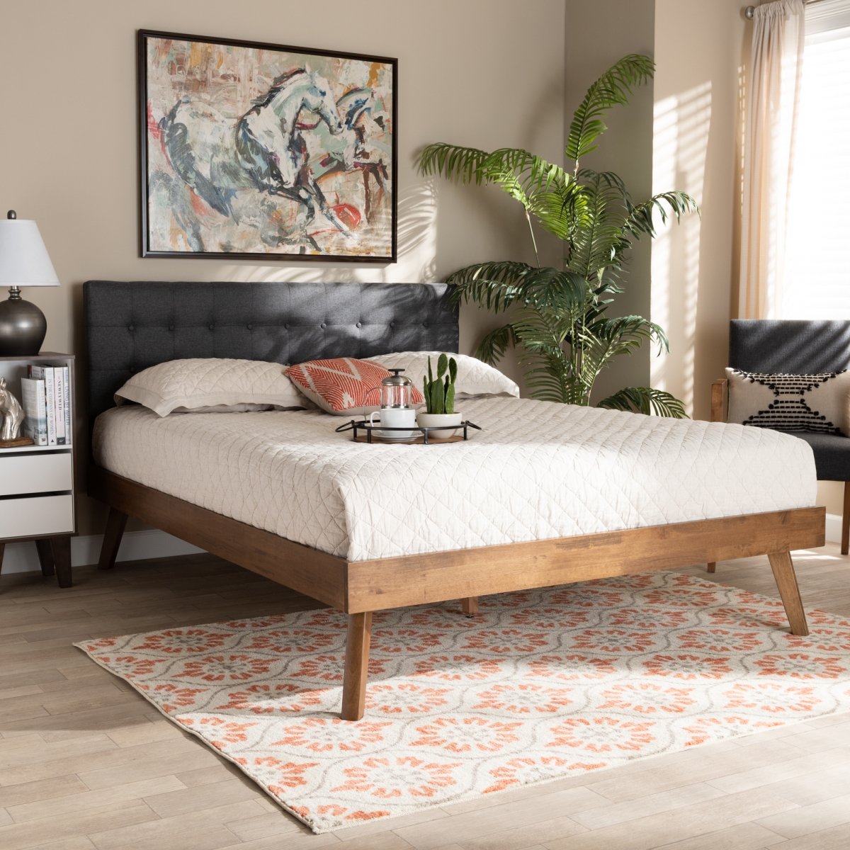 SW8168-Dark Grey-Walnut-M17-Full Devan Mid-Century Modern Fabric Upholstered Wood Platform Bed, Dark Grey & Walnut Brown - Full Size -  Baxton Studio, 193271082223