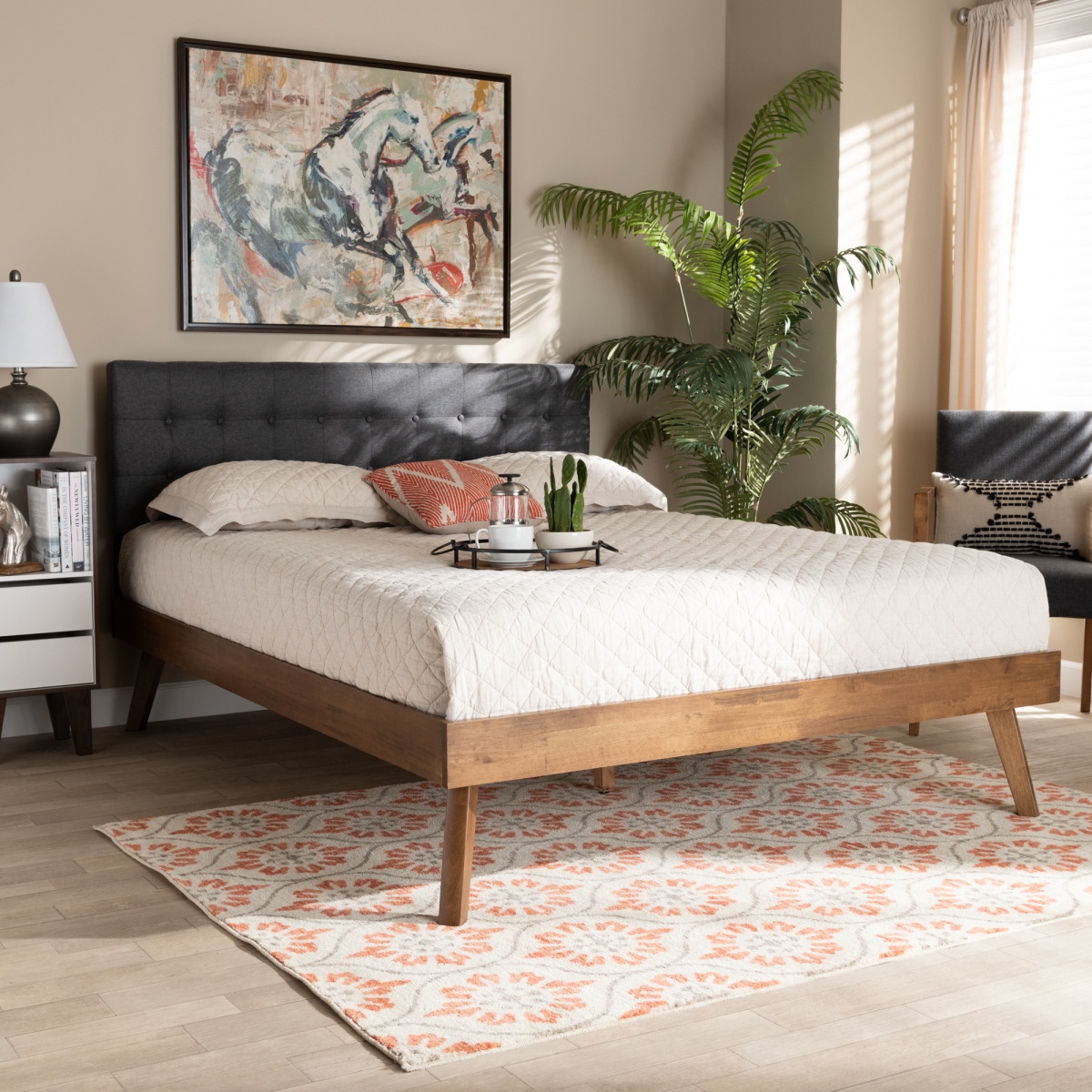 SW8168-Dark Grey-Walnut-M17-King Devan Mid-Century Modern Fabric Upholstered Wood Platform Bed, Dark Grey & Walnut Brown - King Size