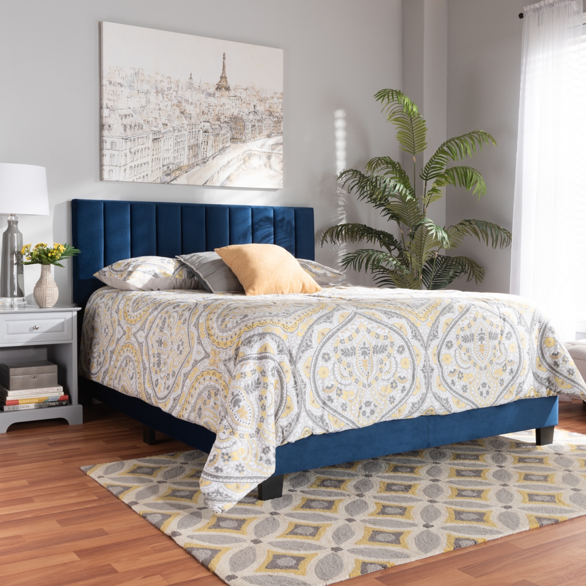 CF8747X-Navy Blue Velvet-Full Clare Glam & Luxe Fabric Upholstered Panel Bed with Channel Tufted Headboard, Navy Blue Velvet - Full Size