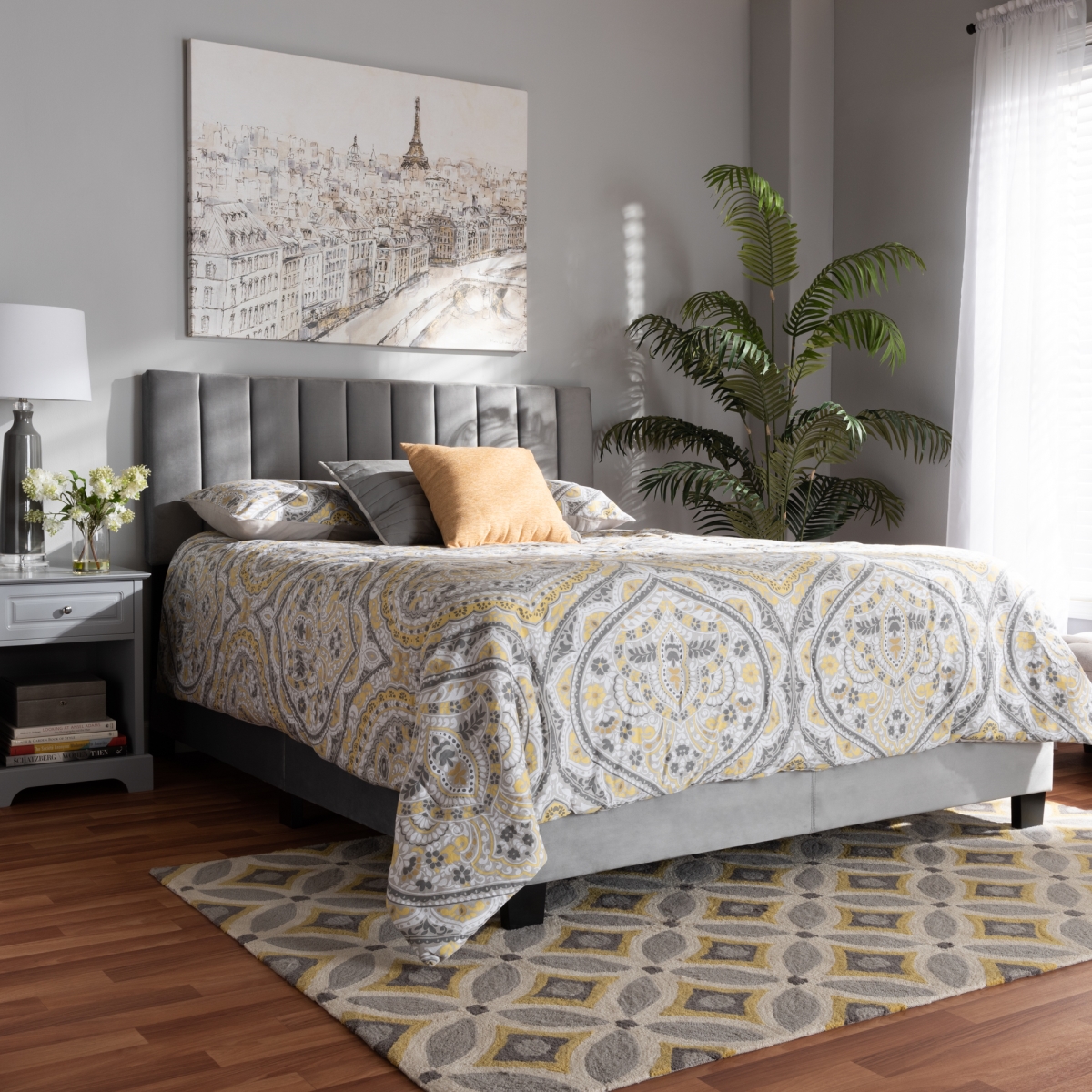 CF8747X-Grey Velvet-Queen Clare Glam & Luxe Fabric Upholstered Panel Bed with Channel Tufted Headboard, Grey Velvet - Queen Size -  Baxton Studio, 193271082575