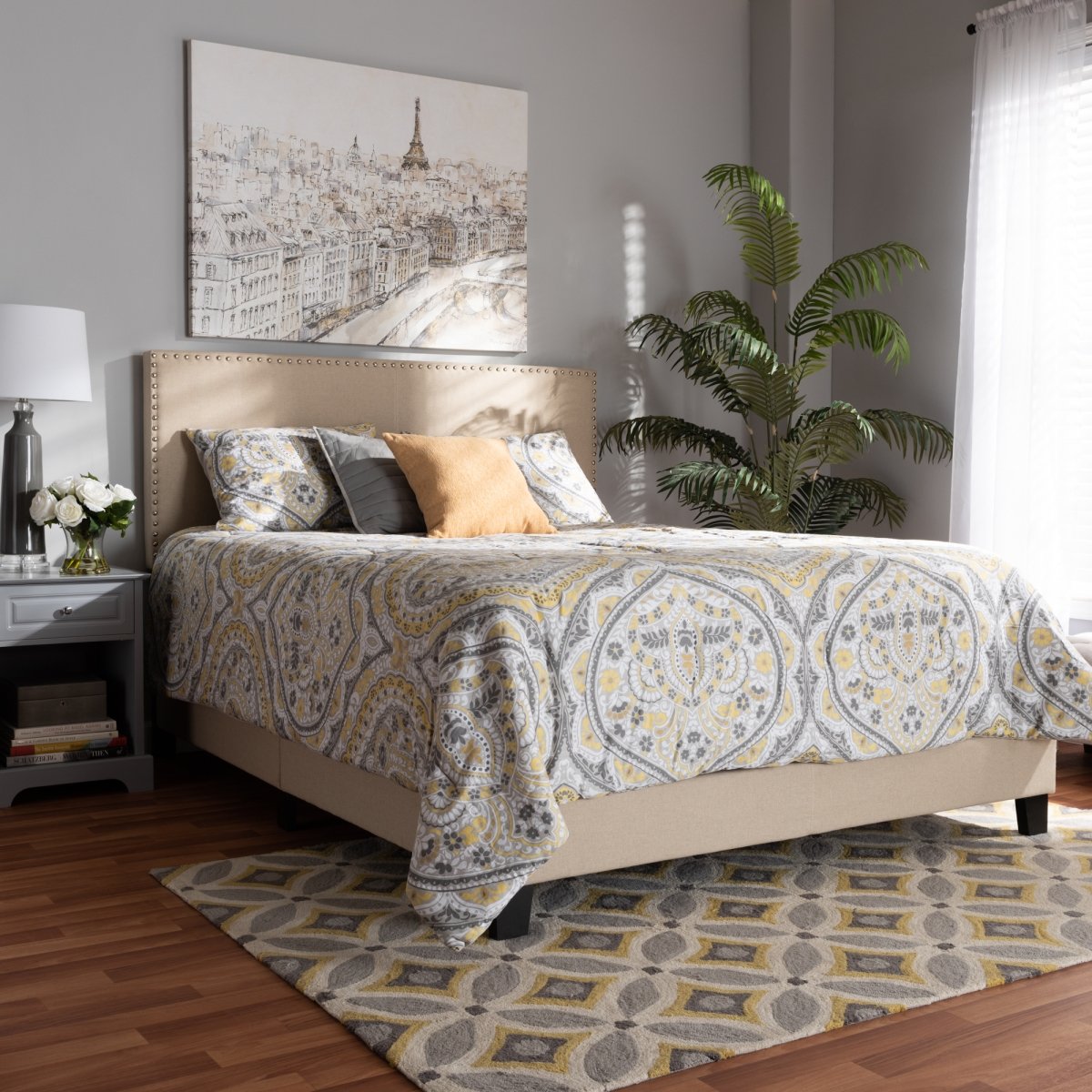 Picture of Baxton Studio Ramon-Beige-Full Ramon Modern & Contemporary Linen Fabric Upholstered Panel Bed with Nailhead Trim&#44; Beige - Full Size