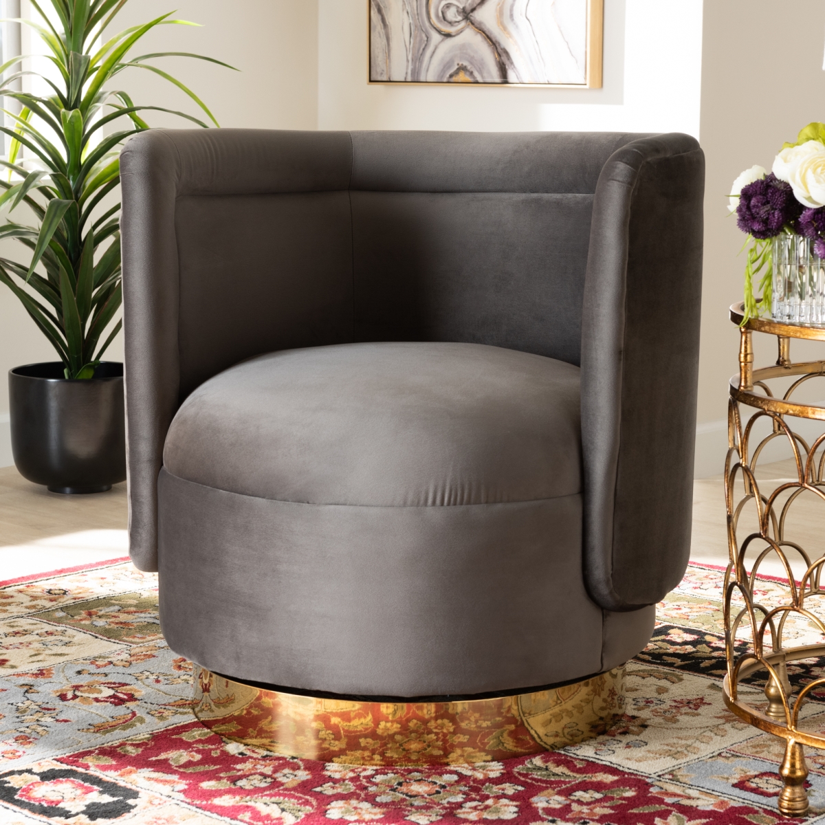 TSF-6653-Grey-Gold-CC Saffi Glam & Luxe Fabric Upholstered Swivel Accent Chair, Grey Velvet & Gold -  Baxton Studio, 193271086573