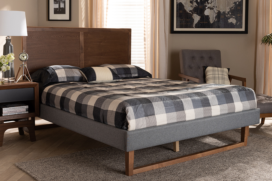 Allegra-Dark Grey-Ash Walnut-Queen Mid-Century Modern Upholstered Wood Platform Bed, Dark Grey & Ash Walnut Brown - Queen Size -  Baxton Studio, 193271013678