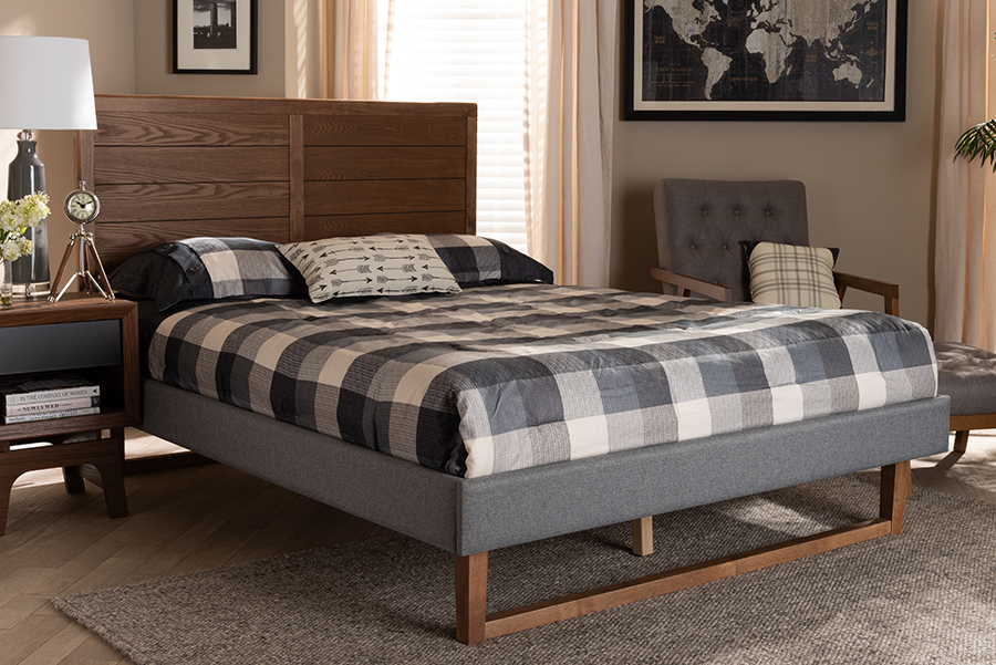 Gabriela-Dark Grey-Ash Walnut-Queen Rustic Modern Fabric Upholstered Wood Platform Bed, Dark Grey & Ash Walnut Brown - Queen Size