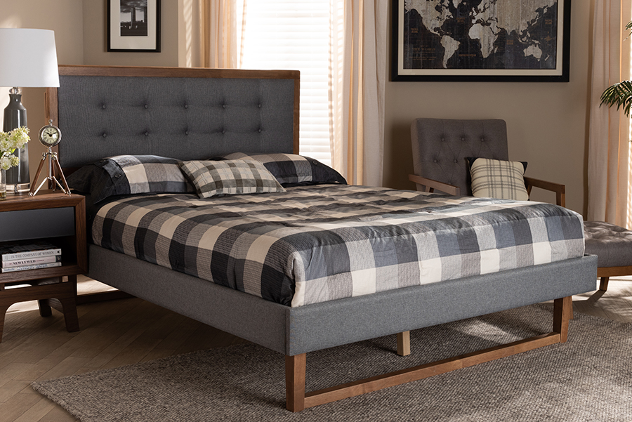 Emele-Dark Grey-Ash Walnut-Queen Modern Transitional Fabric Upholstered Wood Platform Bed, Dark Grey & Ash Walnut Brown - Queen Size -  Baxton Studio, 193271013791