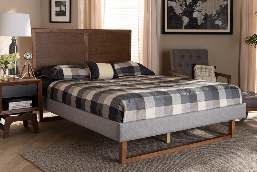 Picture of Baxton Studio Eloise-Light Grey-Ash Walnut-King Rustic Modern Fabric Upholstered Wood Platform Bed&#44; Light Grey & Ash Walnut Brown - King Size