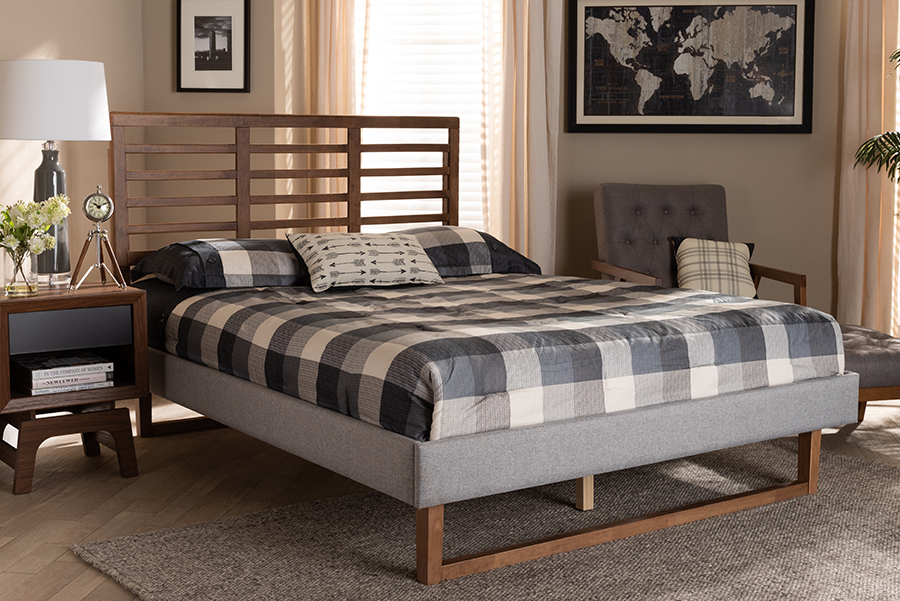 Luciana-Light Grey-Ash Walnut-King Modern & Contemporary Fabric Upholstered Wood Platform Bed, Light Grey & Ash Walnut Brown - King Size -  Baxton Studio, 193271013890